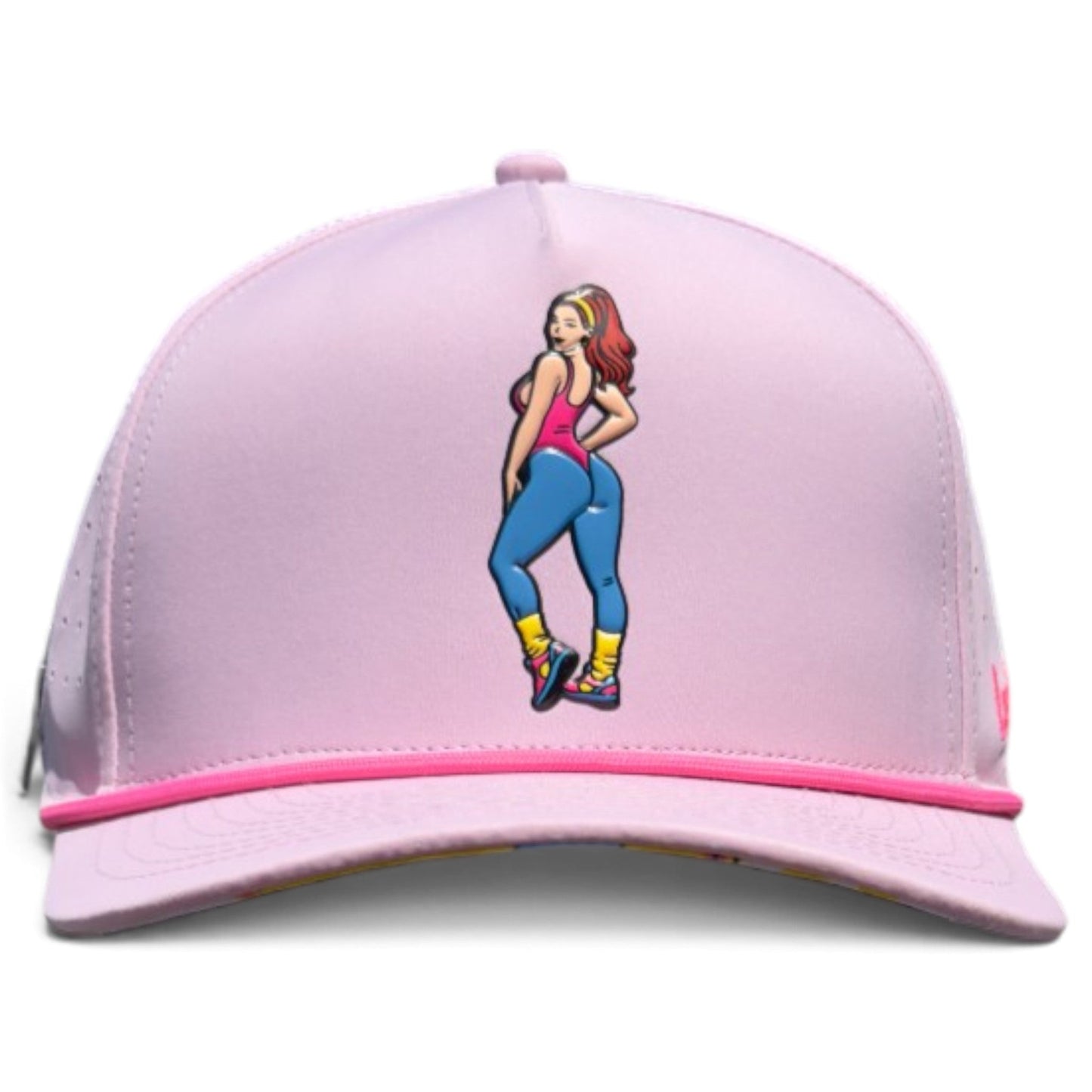 Here’s a rewritten version using the product data: The Aerobic Angel Golf Hat by Logie Joe’s Golf is a light pink adjustable snapback cap highlighted by a confident cartoon woman with long hair, blue leggings, pink top, and yellow leg warmers on the front center. Designed for both vintage appeal and modern comfort, this playful accessory features retro golf hat style as well as a built-in magnetic ball marker holder with marker included—perfect for the course or your next yoga session.