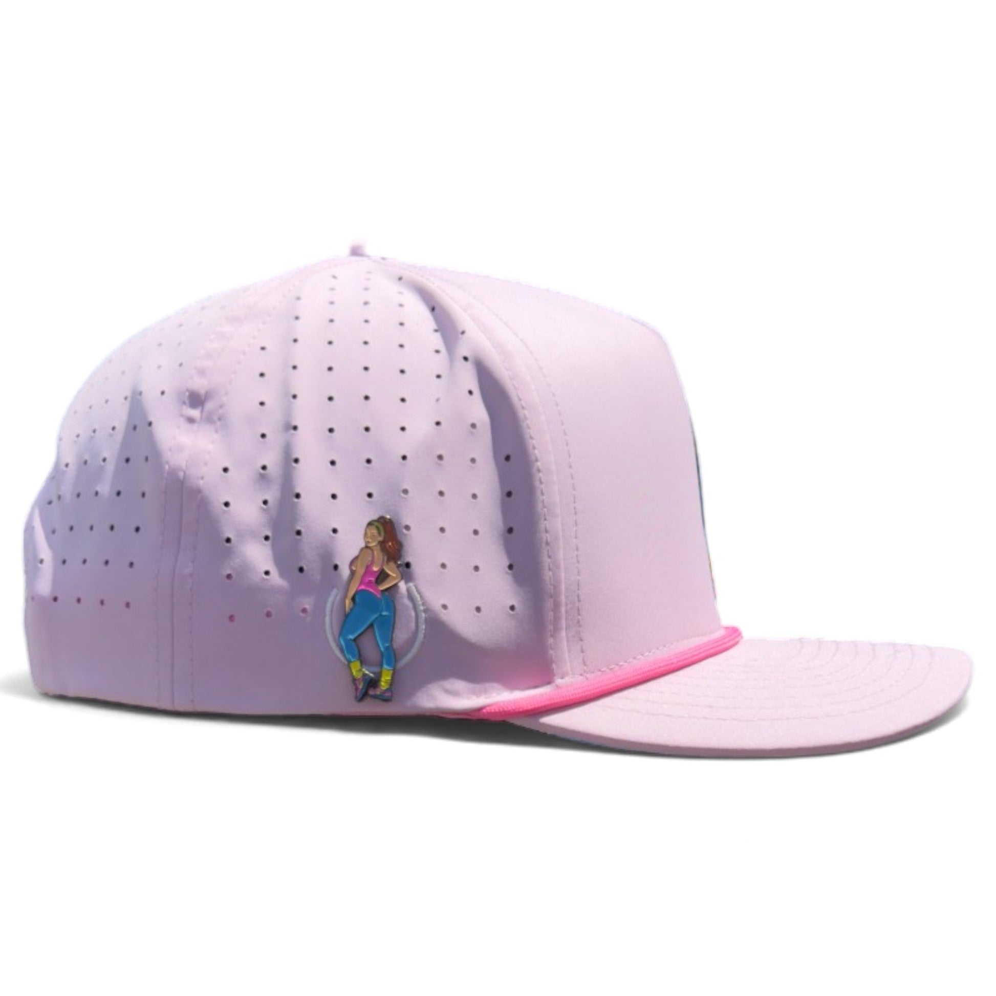 Introducing the Aerobic Angel Golf Hat by Logie Joe’s Golf—a retro-style, light purple snapback cap with small ventilation holes and a pink trim above the brim. This adjustable hat features a built-in magnetic ball marker holder (with marker included) and is finished with a small pin of a woman in athletic wear on the side, combining vintage golf flair with practical yoga-inspired design.