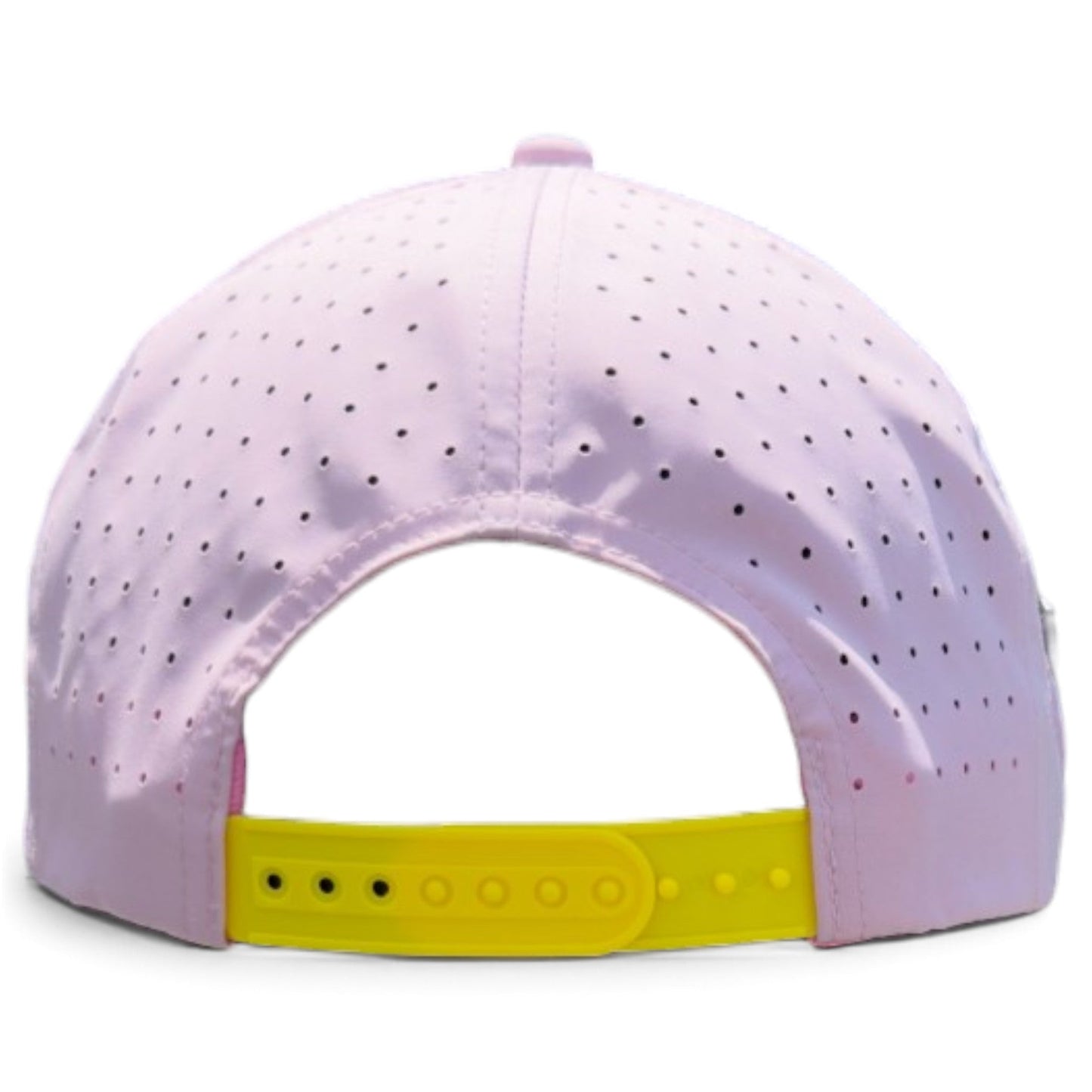 A light pink Logie Joe’s Golf Aerobic Angel Snapback Cap is shown from the back, featuring small ventilation holes, a bright yellow adjustable snapback strap, and a built-in magnetic ball marker holder with marker included.