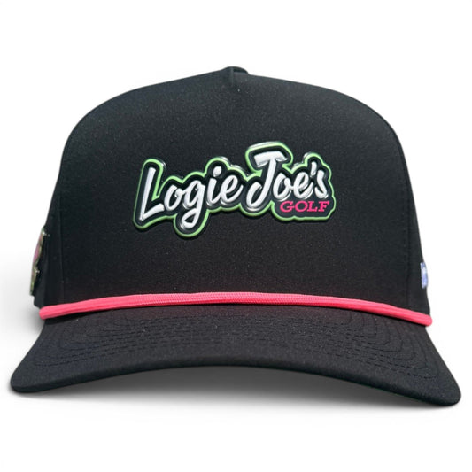 The Logie Joe’s "Classic" Golf Hat by Logie Joe's Golf features a black snapback design, adjustable fit, script logo in white, green, and pink, a pink accent above the brim, and a built-in magnetic ball marker holder with marker included.