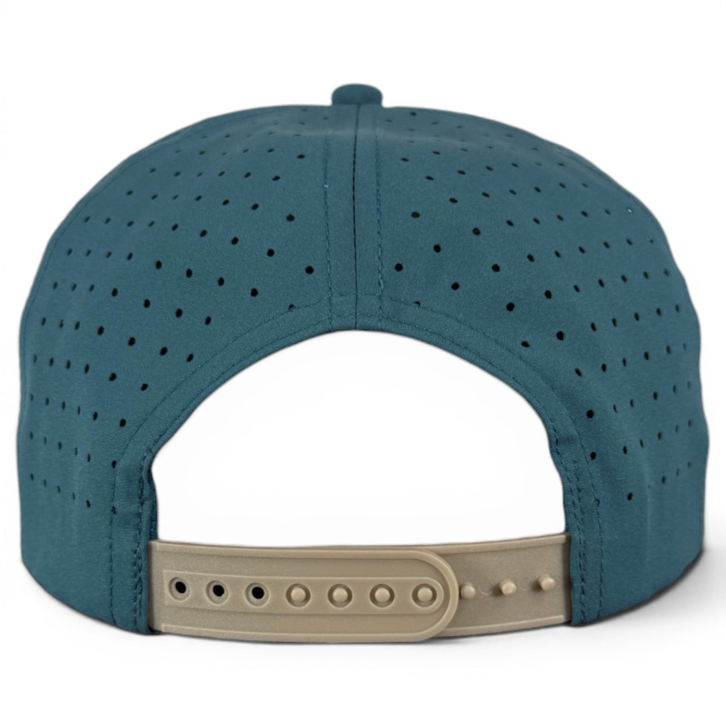 A close-up view of the back of the Logie Joe’s Golf Deep Dive Golf Hat, a teal perforated snapback cap featuring a light beige adjustable closure and a built-in magnetic ball marker holder with marker included.