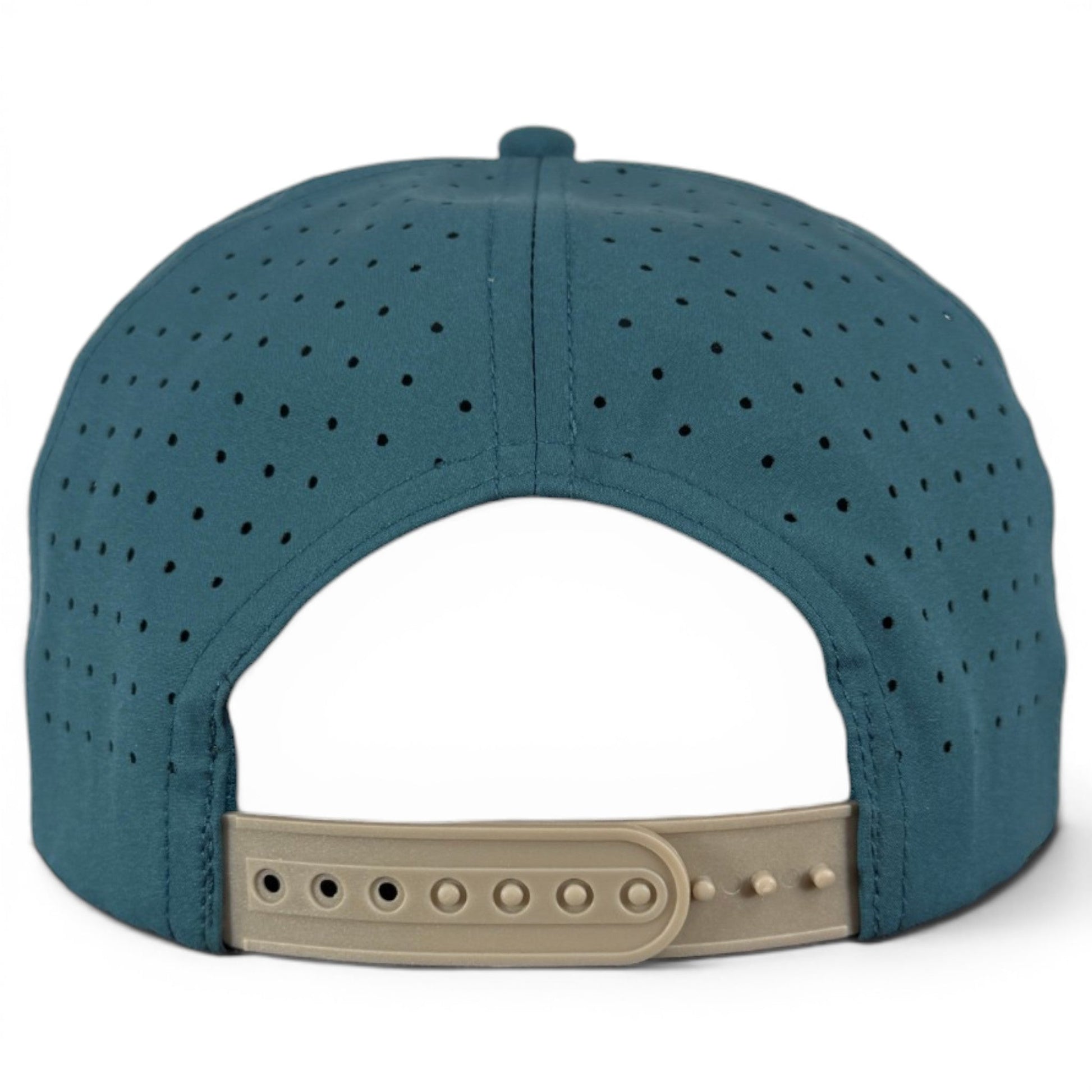 A close-up view of the back of the Logie Joe’s Golf Deep Dive Golf Hat, a teal perforated snapback cap featuring a light beige adjustable closure and a built-in magnetic ball marker holder with marker included.