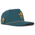 Here’s a rewritten version of your sentence using the given product data: The Deep Dive Golf Hat by Logie Joe’s Golf is a teal snapback cap designed for golfers, featuring small yellow and orange cartoon astronaut patches on the front and side. It is equipped with ventilation holes, a curved brim with a beige edge, an adjustable snapback closure for the perfect fit, and includes a built-in magnetic ball marker holder plus marker.