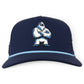 Introducing the Zero Chill Yeti Golf Hat from Logie Joe’s Golf—a navy adjustable snapback cap featuring a white and blue abominable snowman with crossed arms on the front, and a light blue patterned band above the brim. This breathable golf hat keeps you cool on the course and comes equipped with a built-in magnetic ball marker holder plus marker, blending standout style with practical features for every round.