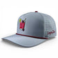 The Logie Joe's Golf Transfusion Snapback Cap in light gray features maroon trim, side ventilation holes, an embroidered cocktail on the front, and a magnetic ball marker holder with marker—included. Adjustable fit.