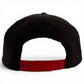 A black Jogie Loe’s Flamingo Golf Hat by Logie Joe’s Golf is shown from the back, highlighting a red adjustable snapback strap with several snap buttons against a plain white background. This stylish and practical snapback cap features a built-in magnetic ball marker holder with marker included, making it an ideal choice for your next round on the green.