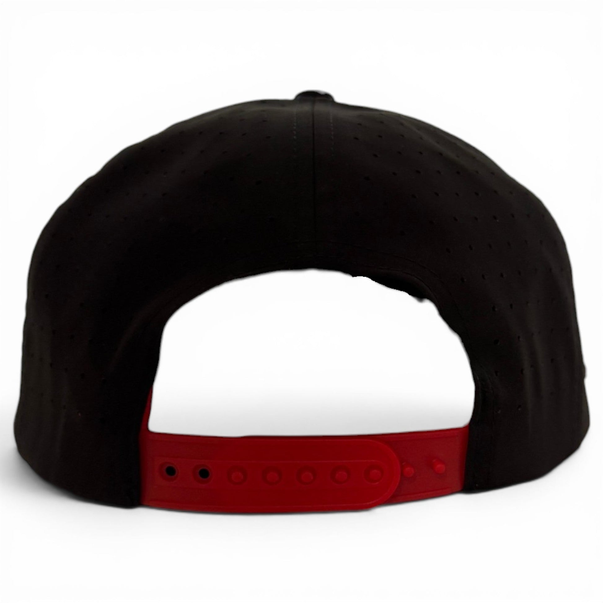 A black Jogie Loe’s Flamingo Golf Hat by Logie Joe’s Golf is shown from the back, highlighting a red adjustable snapback strap with several snap buttons against a plain white background. This stylish and practical snapback cap features a built-in magnetic ball marker holder with marker included, making it an ideal choice for your next round on the green.