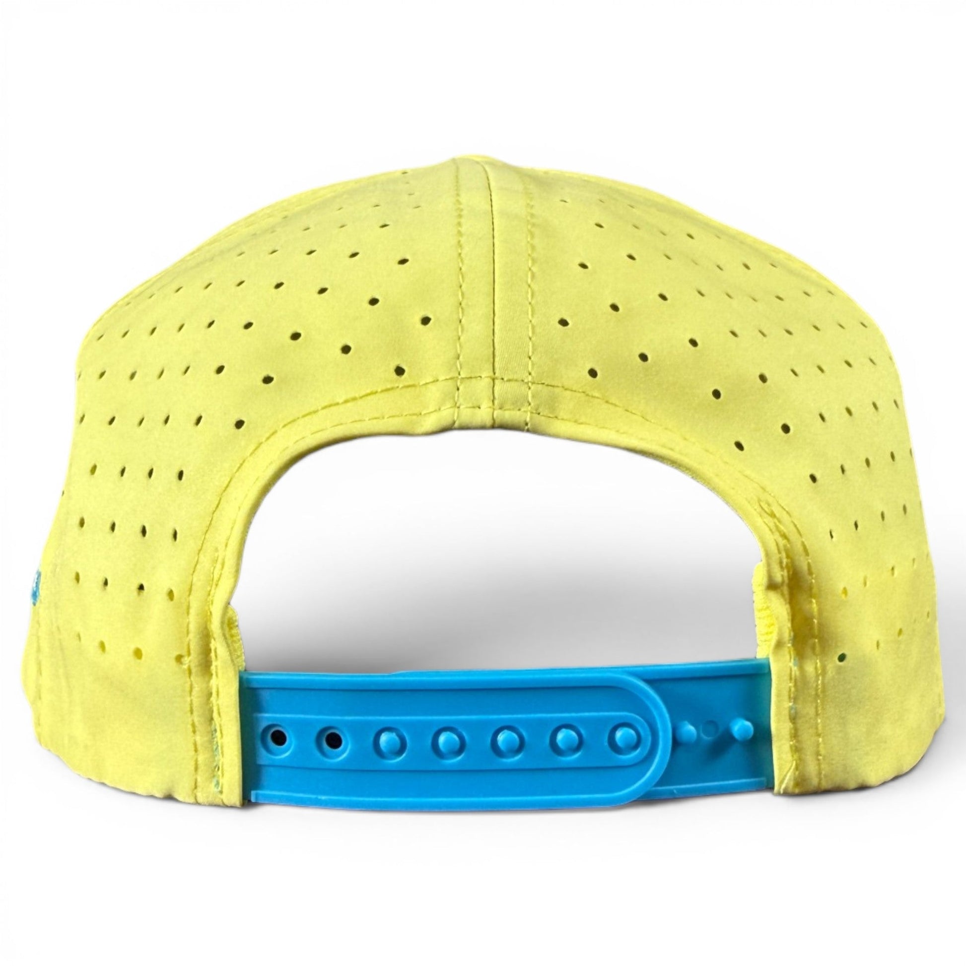 Back view of the Logie Joe’s Golf Motor Boatin’ Golf Hat in yellow, featuring small ventilation holes and an adjustable blue snapback closure. This cap includes a built-in magnetic ball marker holder with marker.