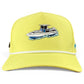Check out the Motor Boatin’ Golf Hat from Logie Joe’s Golf—a yellow snapback cap featuring a white and blue speedboat on water illustrated on the front panel, accented by a white cord above the brim. This stylish hat includes an adjustable fit, a built-in magnetic ball marker holder with marker, and is perfect for any golf enthusiast.