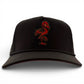 Introducing the Jogie Loe’s Flamingo Golf Hat by Logie Joe’s Golf—a black adjustable snapback cap showcasing an embroidered red flamingo logo on the front. Displayed against a white background, this stylish golf hat features a built-in magnetic ball marker holder with marker included for added convenience on the course.