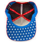 The inside of the Red, White & View Golf Hat by Logie Joe’s Golf features a blue snapback cap with white stars on the brim, red accents, and “MAKE YOUR MARK” printed on the inside headband.