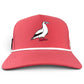 The Logie Joe’s Golf Redfoot Birdie Golf Hat is a red snapback cap featuring a white Red-footed Booby illustration, accented with pink feet and facing right at the center front. This adjustable hat includes a thin white trim above the brim and boasts a built-in magnetic ball marker holder with marker included, offering both style and functional convenience for golfers.
