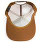 Top view of the inside of a brown Logie Joe’s Golf Old Fashioned Golf Hat Snapback Cap, featuring a structured brim, white dotted lining, and beige crisscrossing sweatbands. The inner seams and bands display visible text, and for added convenience, an integrated magnetic ball marker holder with a marker included is subtly built into the design.