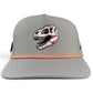 Introducing the Fossil Fairway Golf Hat by Logie Joe’s Golf—a gray snapback cap featuring an illustrated dinosaur skull on the front and a striking orange rope detail above the brim. This adjustable golf hat seamlessly blends style and function with its built-in magnetic ball marker holder (marker included), making it the perfect accessory for keeping your game on point.