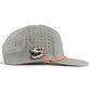 Experience comfort and style with the Logie Joe’s Golf Fossil Fairway Golf Hat—a gray snapback cap featuring ventilation holes, an orange trim, and a distinctive dinosaur skull pin on the side. Designed for golf enthusiasts, it comes with an adjustable fit and includes a built-in magnetic ball marker holder plus marker for added convenience on the course.