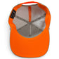Here’s your revised sentence using the provided product data: Inside view of an orange Logie Joe’s Golf Fossil Fairway Golf Hat | Snapback Cap, showing the grey interior with ventilation holes, crisscrossed seams, a tag, and the phrase MAKE YOUR MARK printed under the front panel. This adjustable cap also features a built-in magnetic ball marker holder with marker included for added convenience on the course.