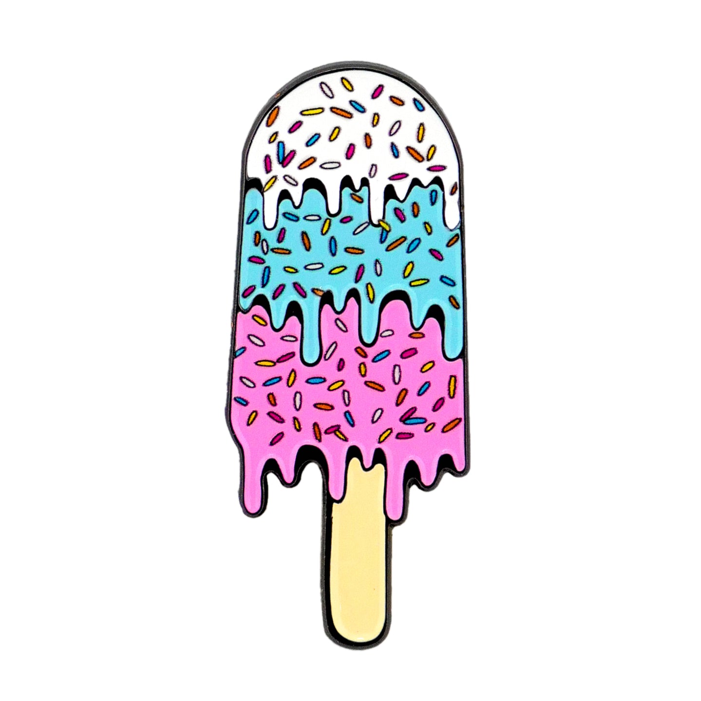 A playful Ice Cream Bar Ball Marker by Ballmarkers.com for Shank-It Golf, featuring a popsicle with three melting layers—white, blue, pink—plus sprinkles and a tan stick.