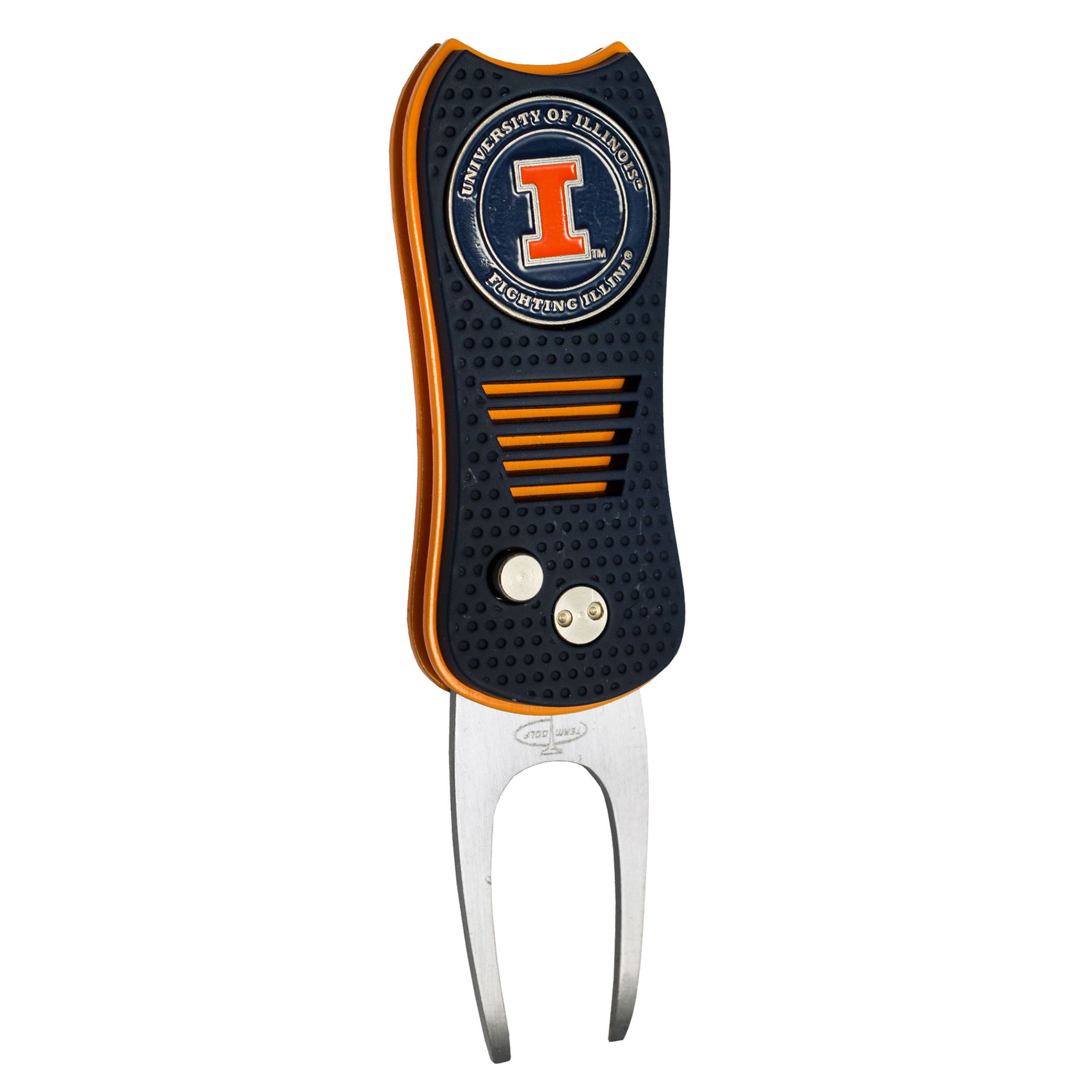 The Switchfix ACC College Switchfix Divot Tool with Ball Marker features a blue grip, orange trim, silver prongs, and switchblade action. The top displays the Illinois logo with “The University of Illinois” and “Fighting Illini.”.