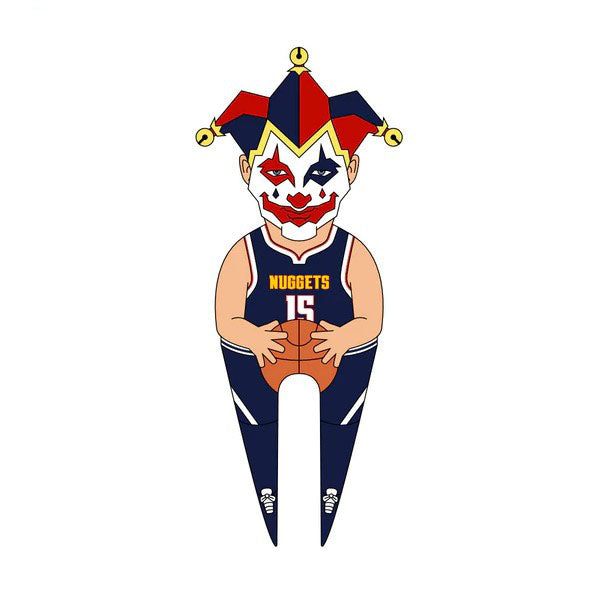 Pin Creatures’ “Joker” features a cartoon figure in a Denver Nuggets jersey with a basketball, jester hat, clown makeup, and a magnetic hat clip with golf ball marker—fun and sporty flair in one collectible pin.