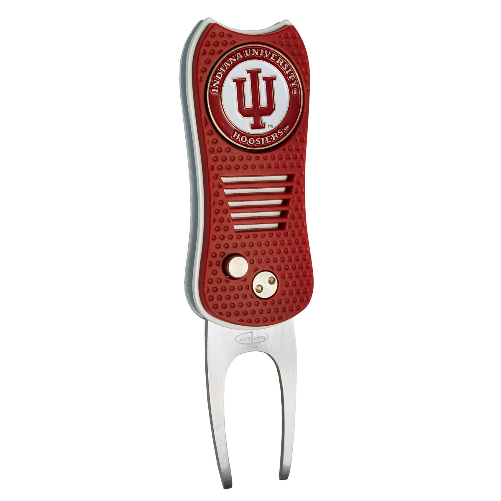 The Switchfix ACC College Switchfix Divot Tool with Ball Marker features a textured grip, silver switchblade mechanism, and Indiana University Hoosiers logo for stylish and efficient repairs on the green.