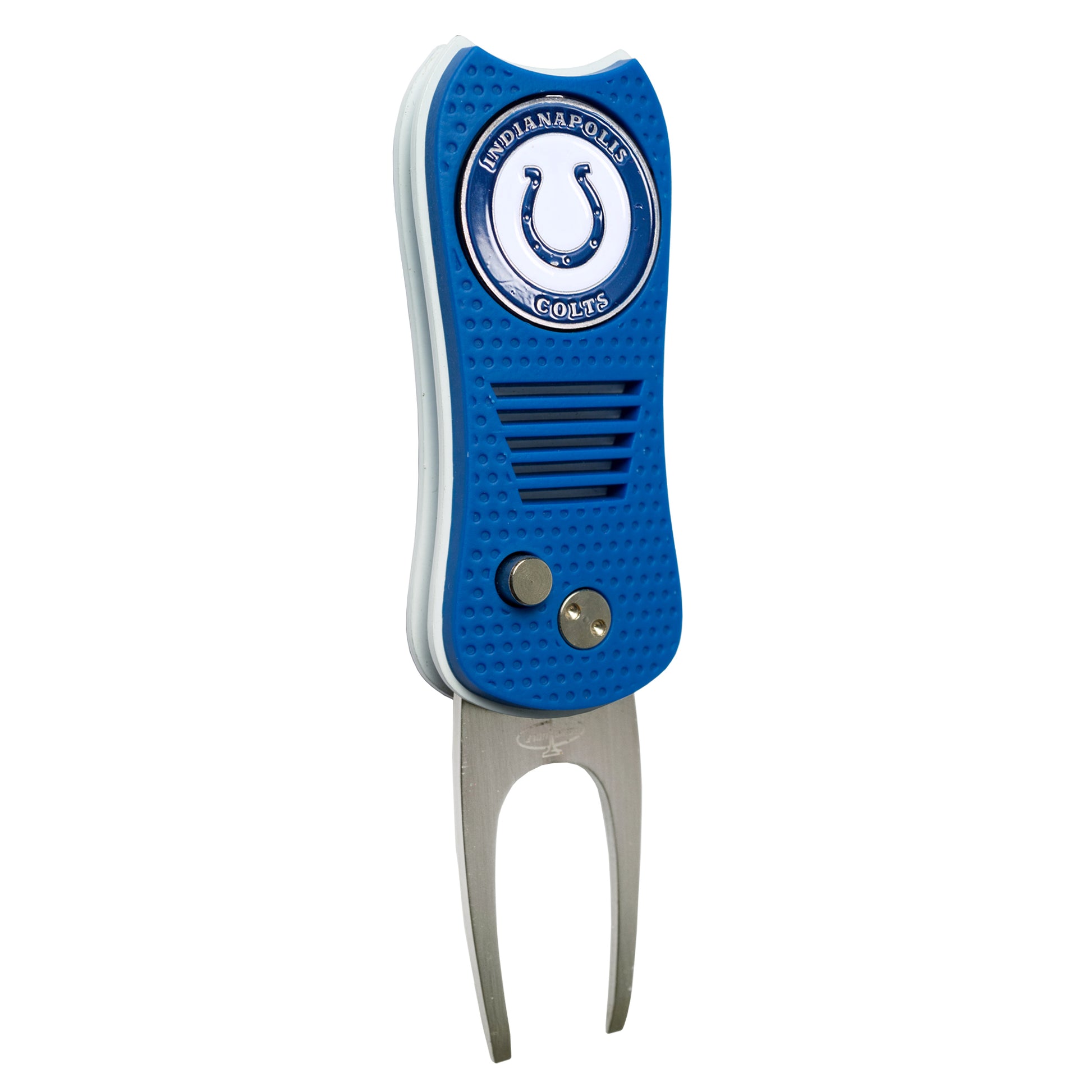The NFL Switchfix Divot Tool with Ball Marker by NFL features a metallic prong, switchblade mechanism, and magnetic ball marker. It displays the Indianapolis Colts logo—a white horseshoe and team name on a blue background.