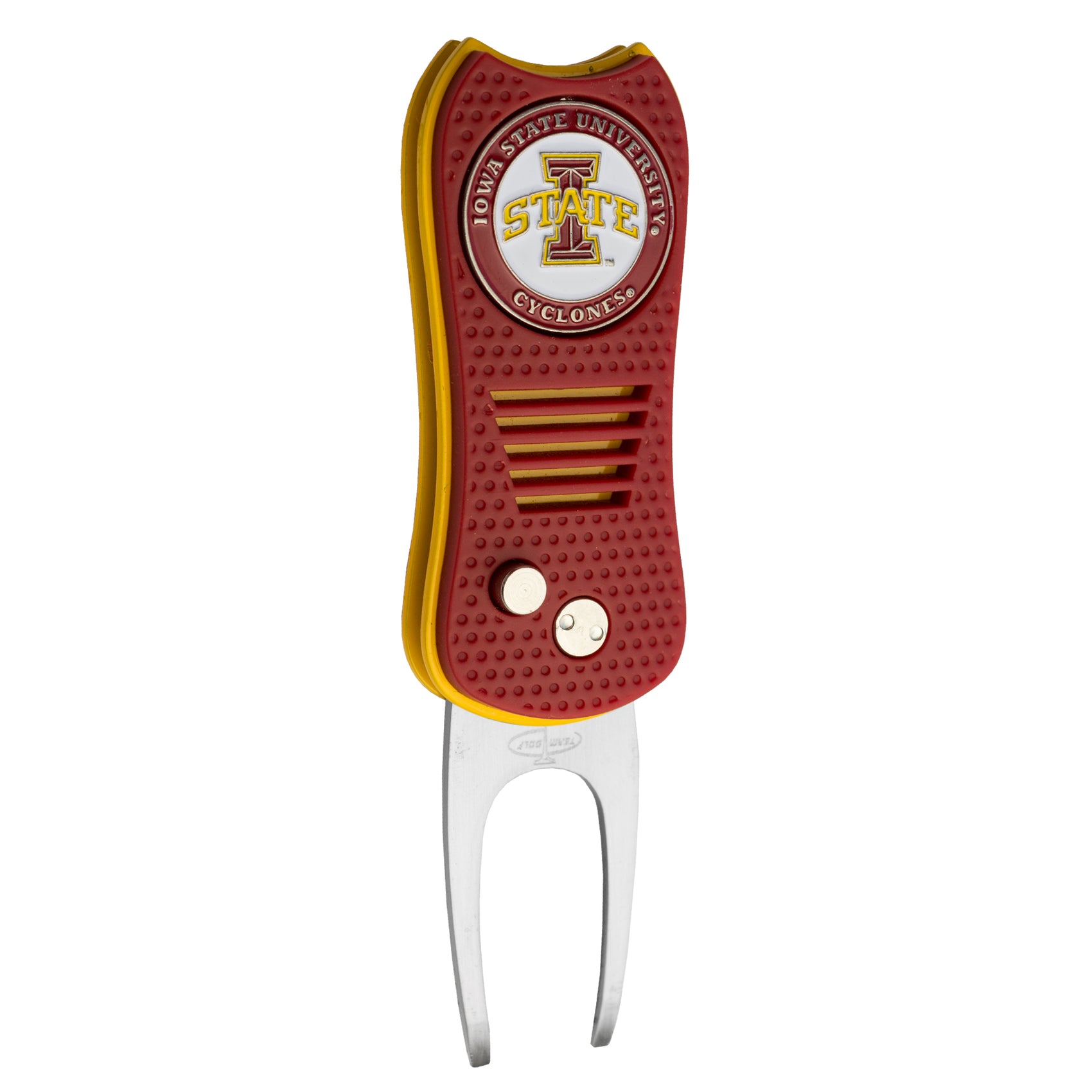 The Switchfix ACC College Switchfix Divot Tool with Ball Marker features red and yellow colors, a metal fork, magnetic ball marker, and switchblade action, accented by the Iowa State University Cyclones logo on the handle.