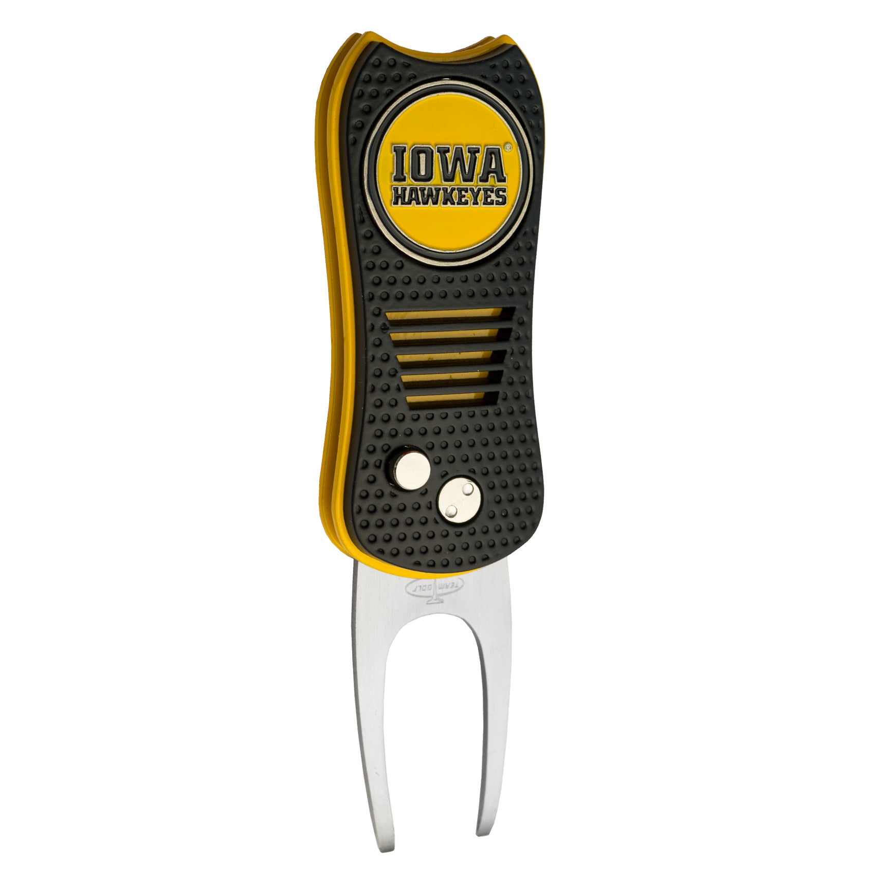The Switchfix ACC College Switchfix Divot Tool with Ball Marker features a black and yellow design, textured grip, Iowa Hawkeyes logo, switchblade mechanism, two metal prongs, and a magnetic ball marker.