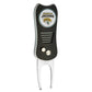 The NFL Switchfix Divot Tool with Ball Marker by NFL comes in black and silver, features the Jacksonville Jaguars logo, has a textured grip, a switchblade mechanism, and includes a magnetic ball marker for convenience.
