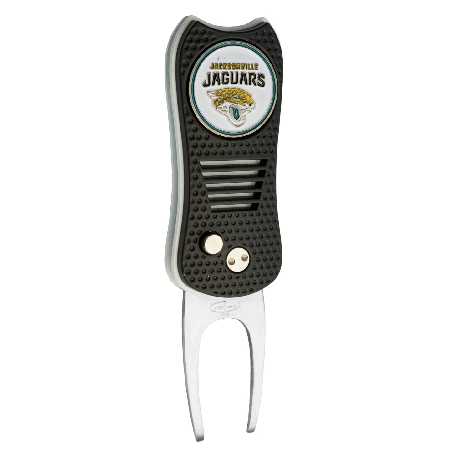 The NFL Switchfix Divot Tool with Ball Marker by NFL comes in black and silver, features the Jacksonville Jaguars logo, has a textured grip, a switchblade mechanism, and includes a magnetic ball marker for convenience.