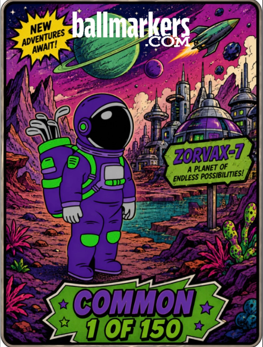 A cartoon astronaut with golf clubs stands on planet Zorvax-7, backed by a futuristic city and a purple alien landscape. Spaceships and planets dot the sky. Text reads: “COMMON 1 of 150” and “New adventures await!” The Astronaut Walker Mystery Blind Bag by Ballmarkers.com is perfect for golf enthusiasts ready to explore new worlds.