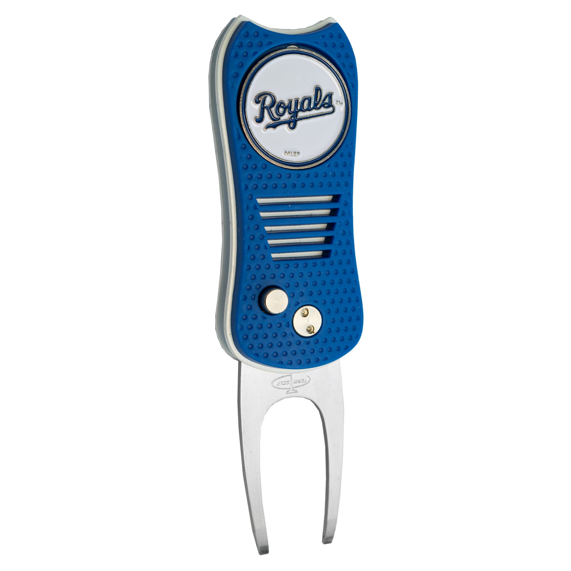 The MLB Switchfix Divot Tool with Ball Marker is a blue switchblade divot tool featuring the Kansas City Royals logo, metal prongs, and a magnetic ball marker—part of the MLB collection.