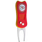 The NFL Switchfix Divot Tool with Ball Marker by NFL features red and yellow colors, a Kansas City Chiefs logo, textured grip, dual metal prongs, and a magnetic ball marker for convenient course use.