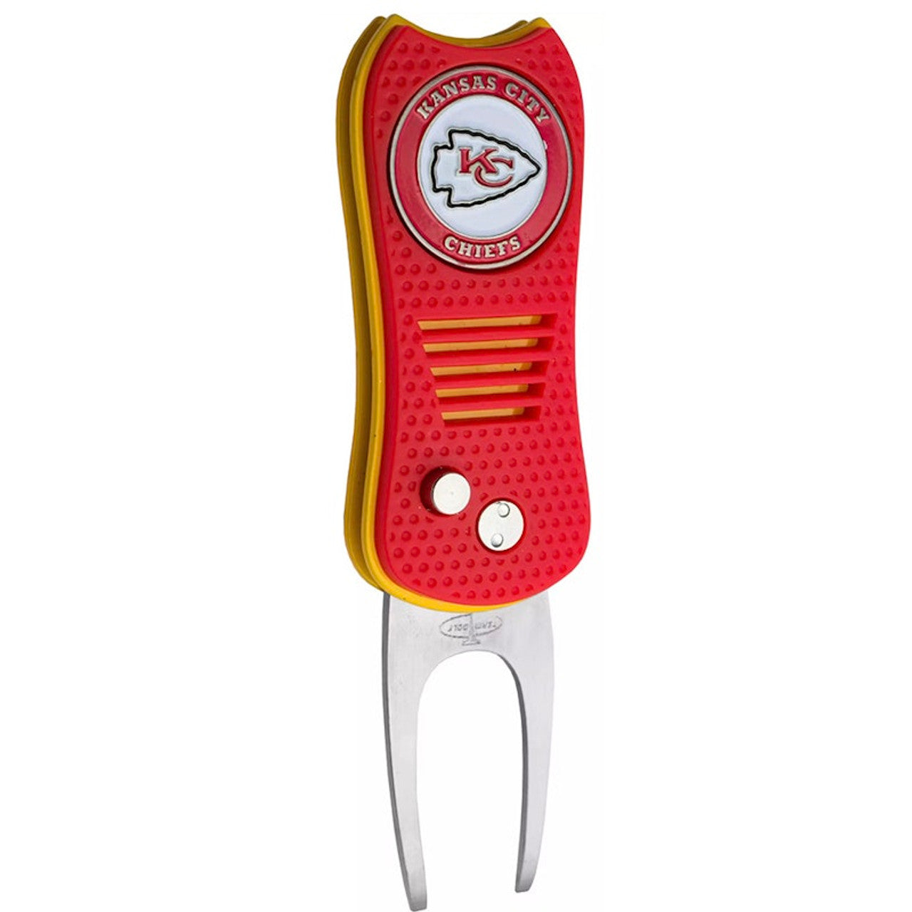 The NFL Switchfix Divot Tool with Ball Marker by NFL features red and yellow colors, a Kansas City Chiefs logo, textured grip, dual metal prongs, and a magnetic ball marker for convenient course use.