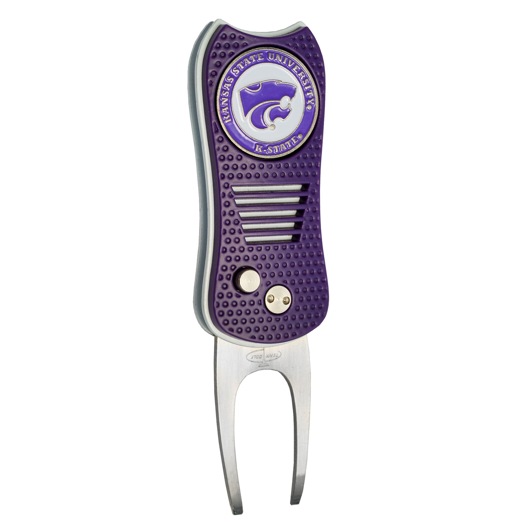 The Switchfix ACC College Switchfix Divot Tool with Ball Marker features a purple design, Kansas State University logo, textured grip, metallic buttons, a switchblade mechanism, and two silver prongs.