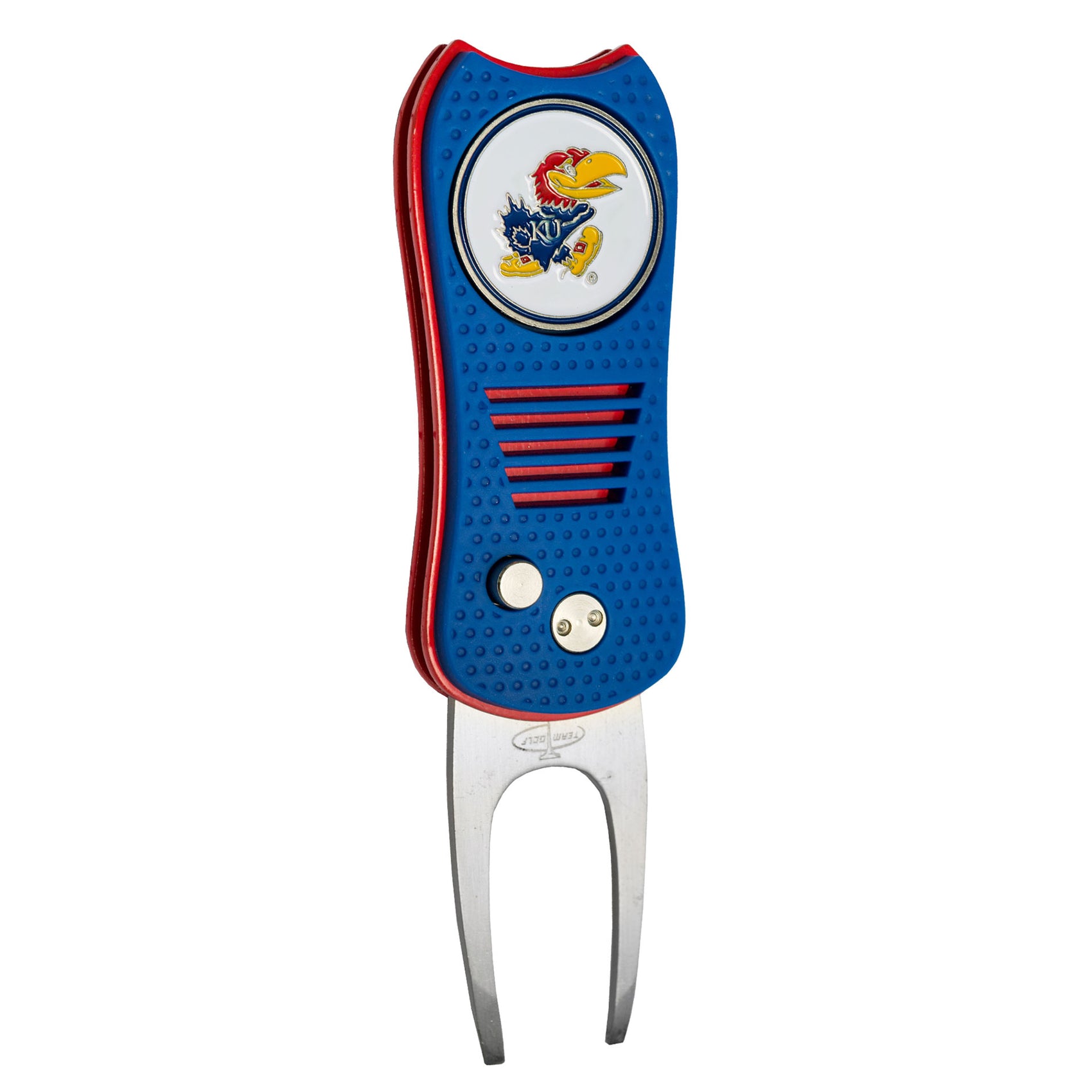 The Switchfix ACC College Switchfix Divot Tool with Ball Marker features a Kansas Jayhawks logo, blue finish, textured grip, switchblade mechanism, and sturdy metal prongs.