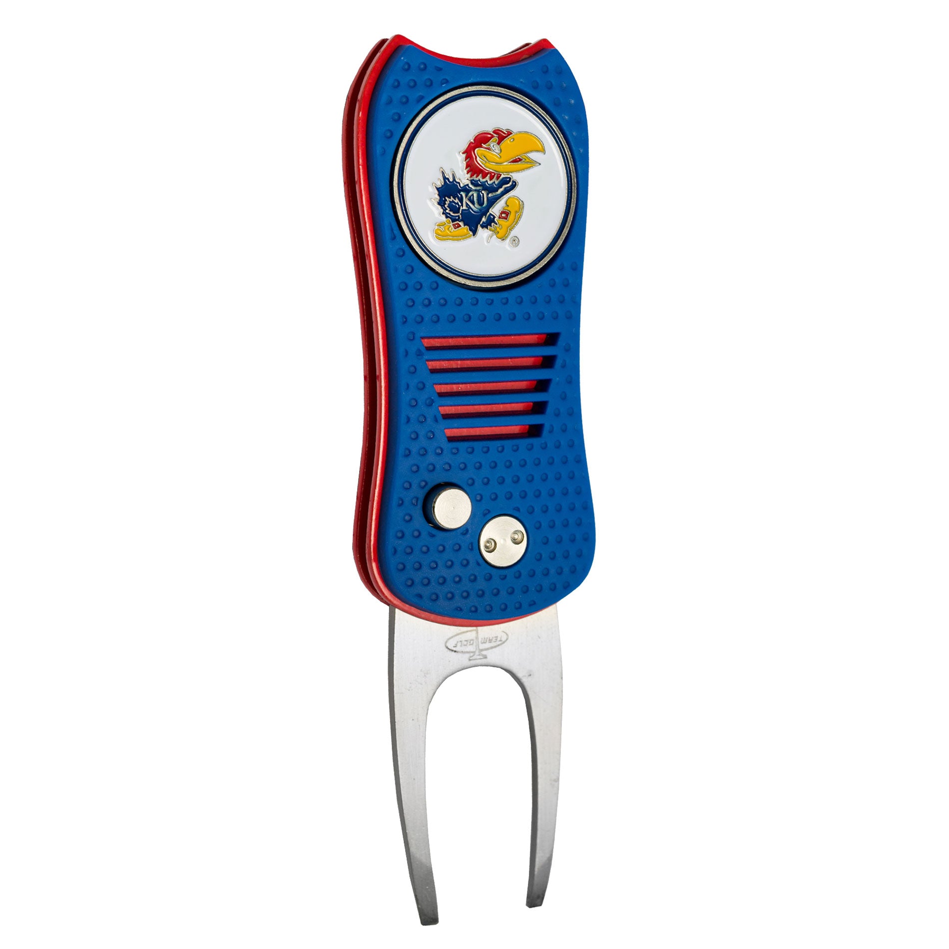 The Switchfix ACC College Switchfix Divot Tool with Ball Marker features a Kansas Jayhawks logo, blue finish, textured grip, switchblade mechanism, and sturdy metal prongs.