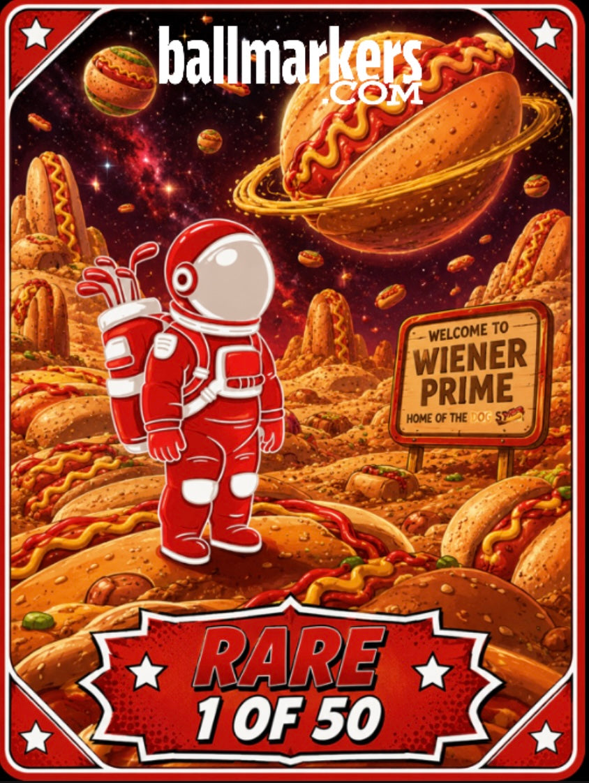 An astronaut stands on a hot dog planet with towering hot dog mountains and Saturn-like hot dog rings. A sign reads “Welcome to Wiener Prime.” Text says RARE 1 of 50. The Astronaut Walker Mystery Blind Bag from Ballmarkers.com is the perfect unique golf ball marker for collectors and space enthusiasts alike.