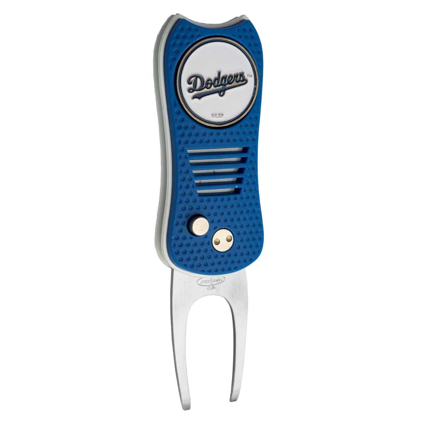 The MLB Switchfix Divot Tool with Ball Marker by MLB features a blue and silver design, Dodgers logo on top, textured grip, magnetic ball marker, and dual small buttons.