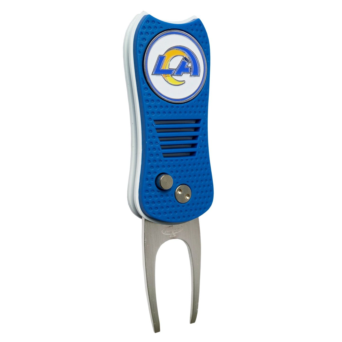 The NFL Switchfix Divot Tool with Ball Marker by NFL features a metal fork, textured grip handle, and a magnetic ball marker at the top for convenience on the green.