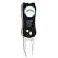 The NFL Switchfix Divot Tool with Ball Marker by NFL features a black and silver design, a circular Los Angeles Chargers logo with a yellow lightning bolt inside a blue ring, magnetic ball marker, and switchblade mechanism.