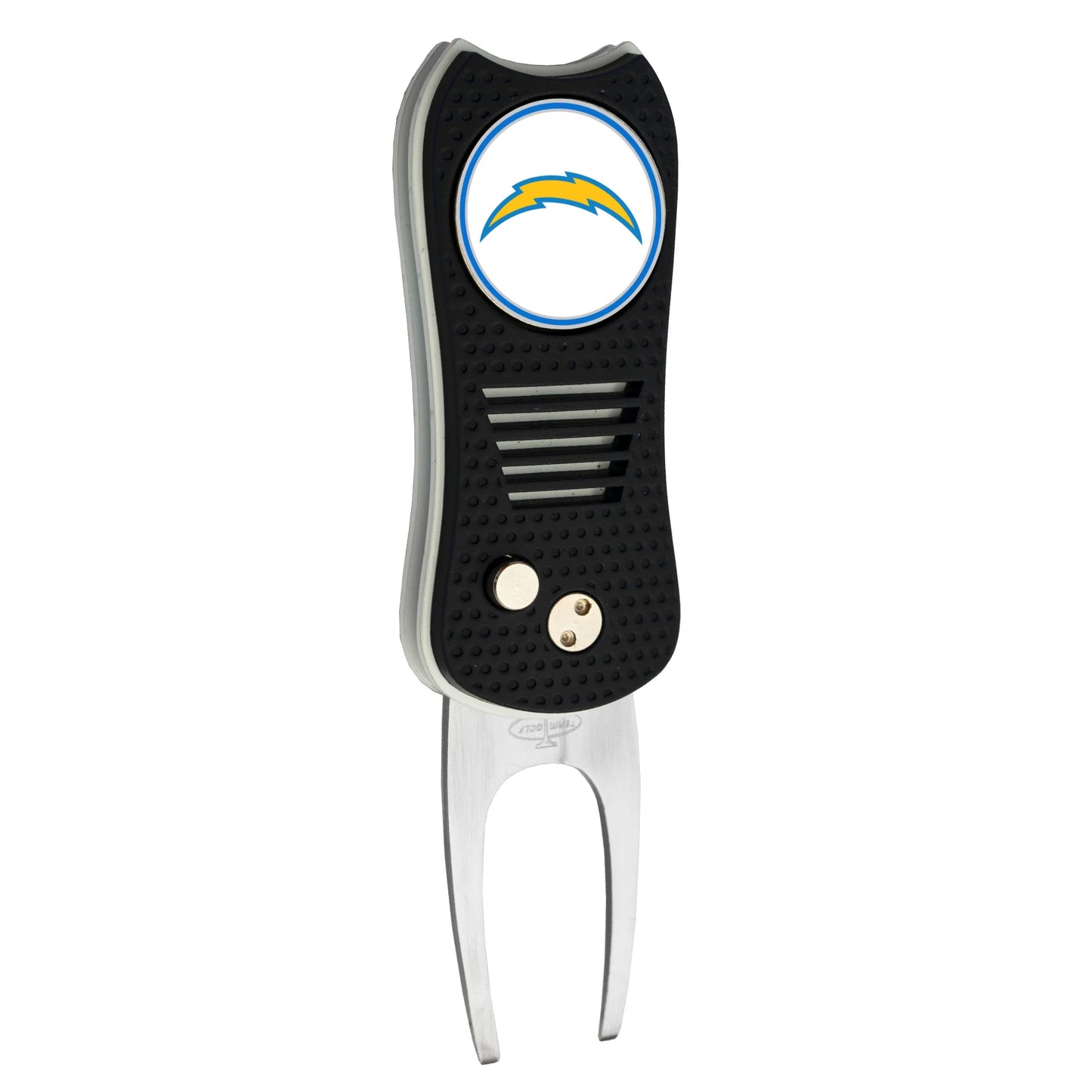 The NFL Switchfix Divot Tool with Ball Marker by NFL features a black and silver design, a circular Los Angeles Chargers logo with a yellow lightning bolt inside a blue ring, magnetic ball marker, and switchblade mechanism.