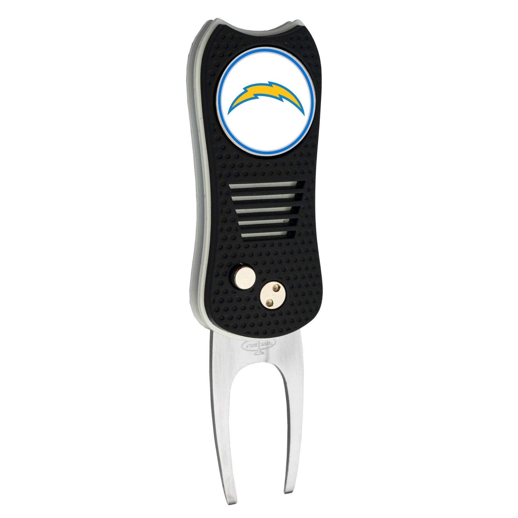 The NFL Switchfix Divot Tool with Ball Marker by NFL features a black and silver design, a circular Los Angeles Chargers logo with a yellow lightning bolt inside a blue ring, magnetic ball marker, and switchblade mechanism.