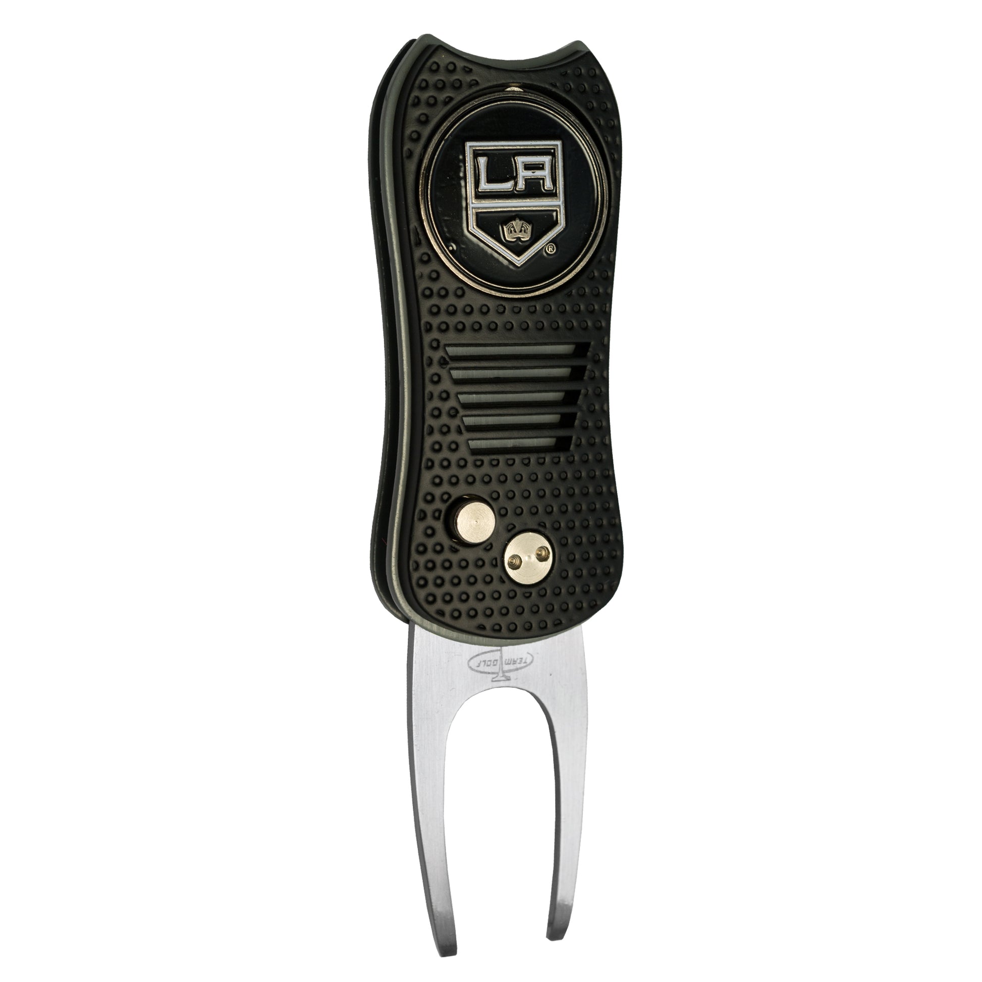 The Ballmarkers.com NHL Switchfix Divot Tool with Ball Marker features a black and silver design, textured grip, switchblade mechanism, LA Kings logo, and is part of the NHL Team Switchfix Tools collection. Includes a convenient magnetic ball marker.