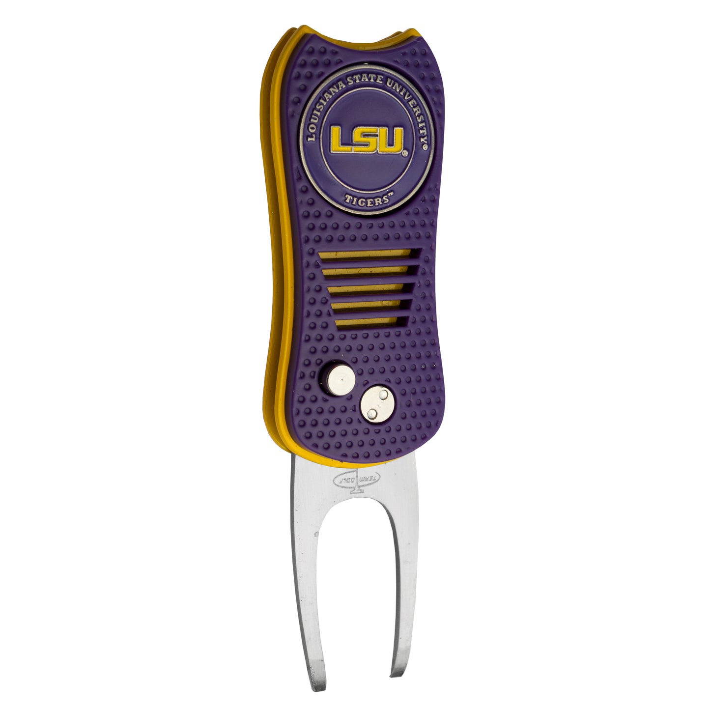 The ACC College Switchfix Divot Tool with Ball Marker by Switchfix is purple and gold, features a textured grip, switchblade prongs, magnetic ball marker, and displays the LSU Tigers logo on top.