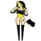 Logie Joe's Golf presents the Lady Boy 2.0 Divot Tool: an enamel pin of a woman with black and yellow hair, black boots, removable skirt revealing cartoon details—ideal for unique pin collectors. Available at Ballmarkers.com.