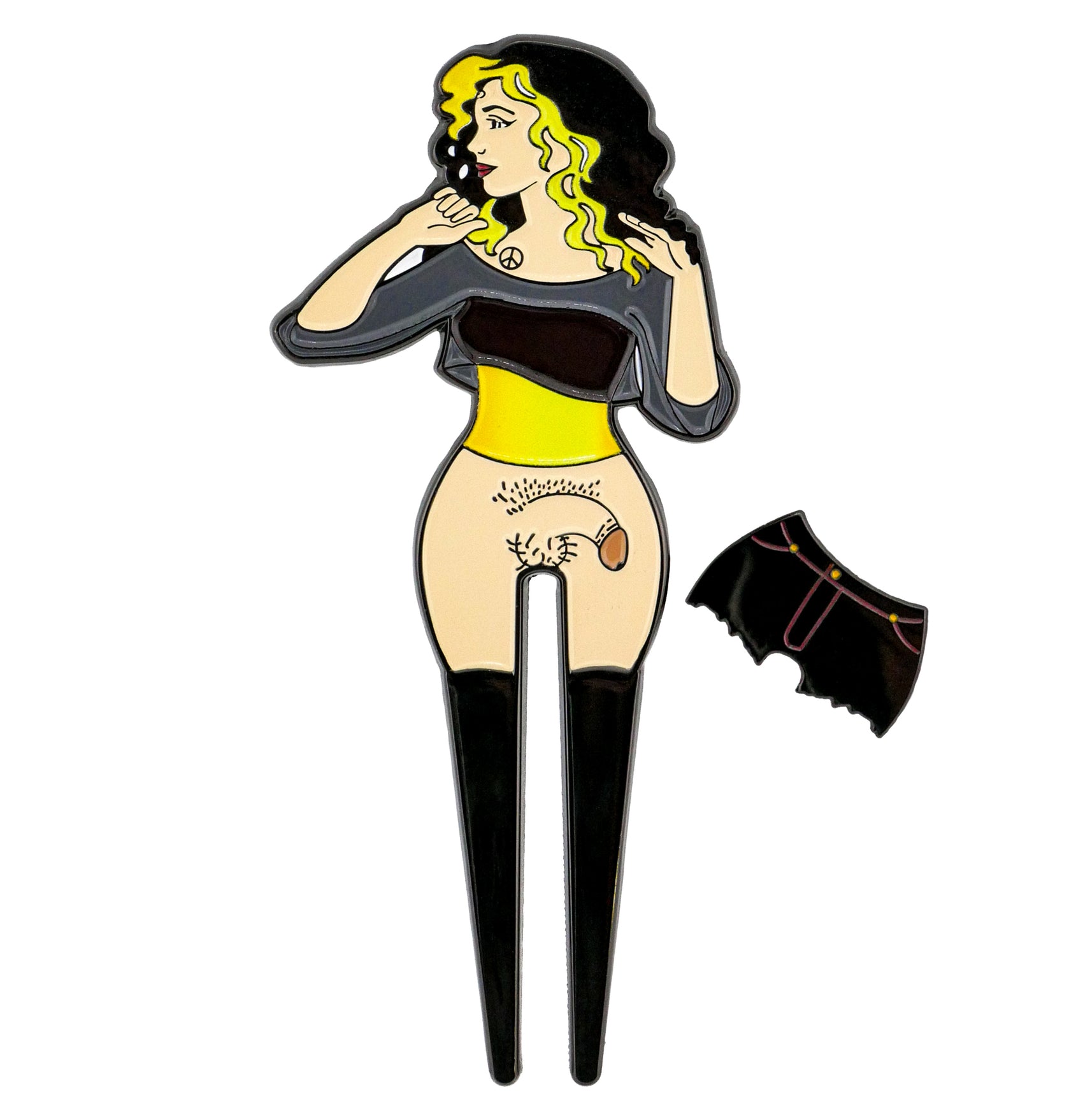 Logie Joe's Golf presents the Lady Boy 2.0 Divot Tool: an enamel pin of a woman with black and yellow hair, black boots, removable skirt revealing cartoon details—ideal for unique pin collectors. Available at Ballmarkers.com.