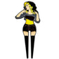The Lady Boy 2.0 Divot Tool by Logie Joe's Golf features a stylish woman with wavy black-and-yellow hair, matching outfit, black boots, and peace necklace—a unique golf ball marker or collectible accessory.