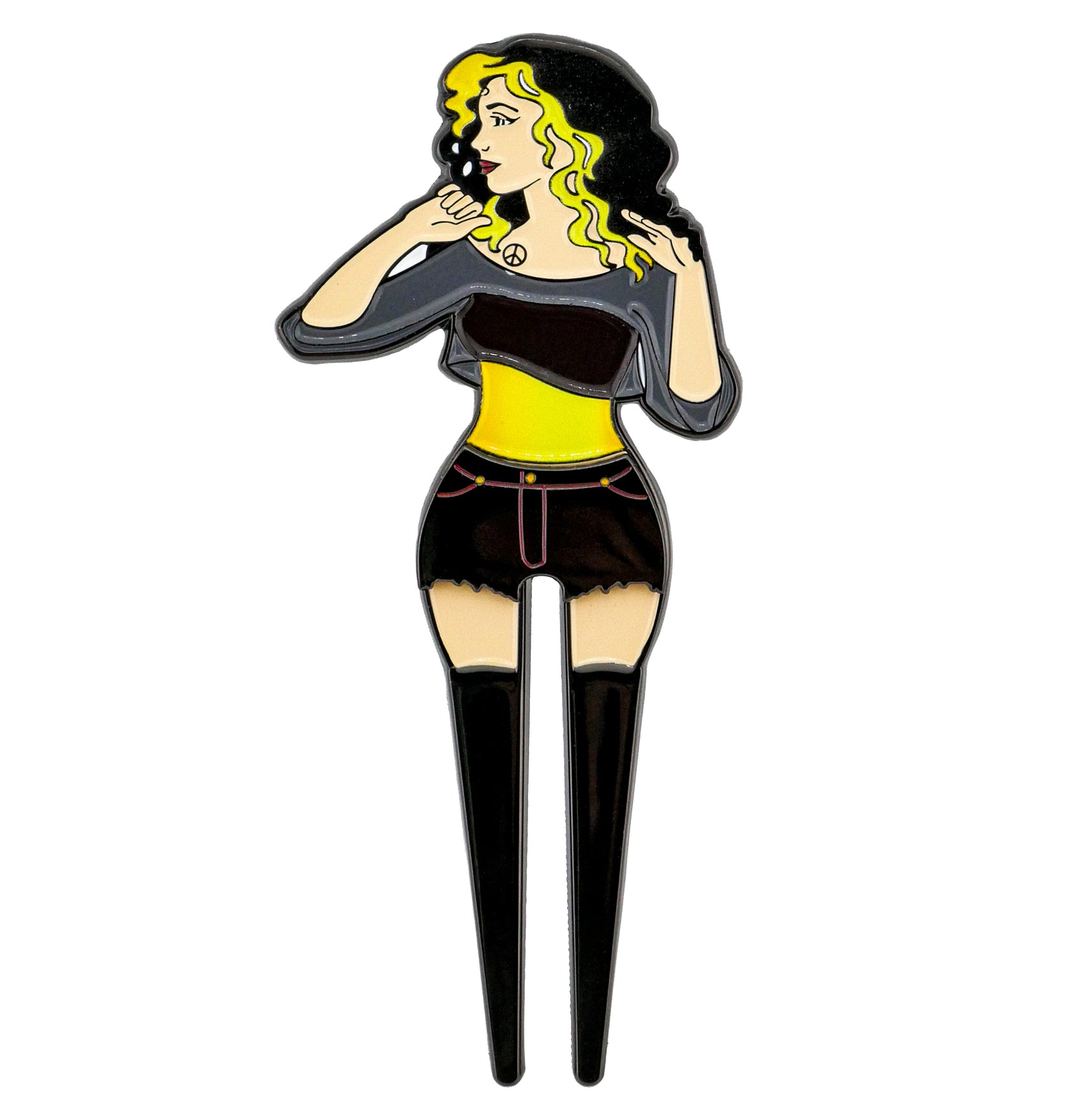 The Lady Boy 2.0 Divot Tool by Logie Joe's Golf features a stylish woman with wavy black-and-yellow hair, matching outfit, black boots, and peace necklace—a unique golf ball marker or collectible accessory.