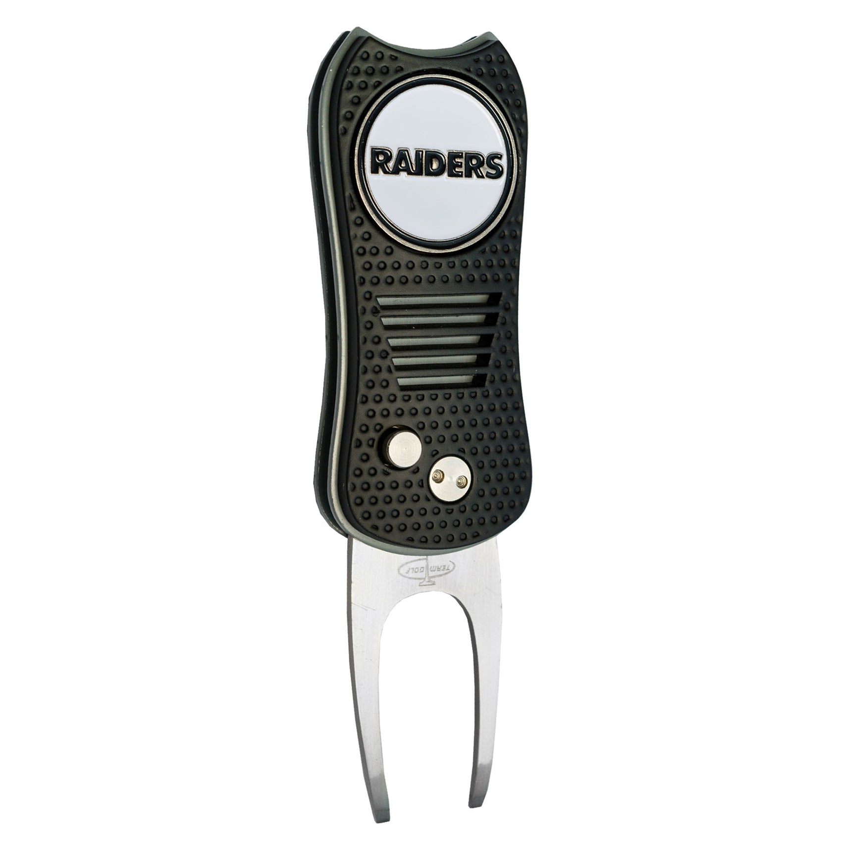 The NFL Switchfix Divot Tool with Ball Marker features a black textured grip, a circular metallic emblem with "RAIDERS" in bold, and includes a convenient magnetic ball marker.