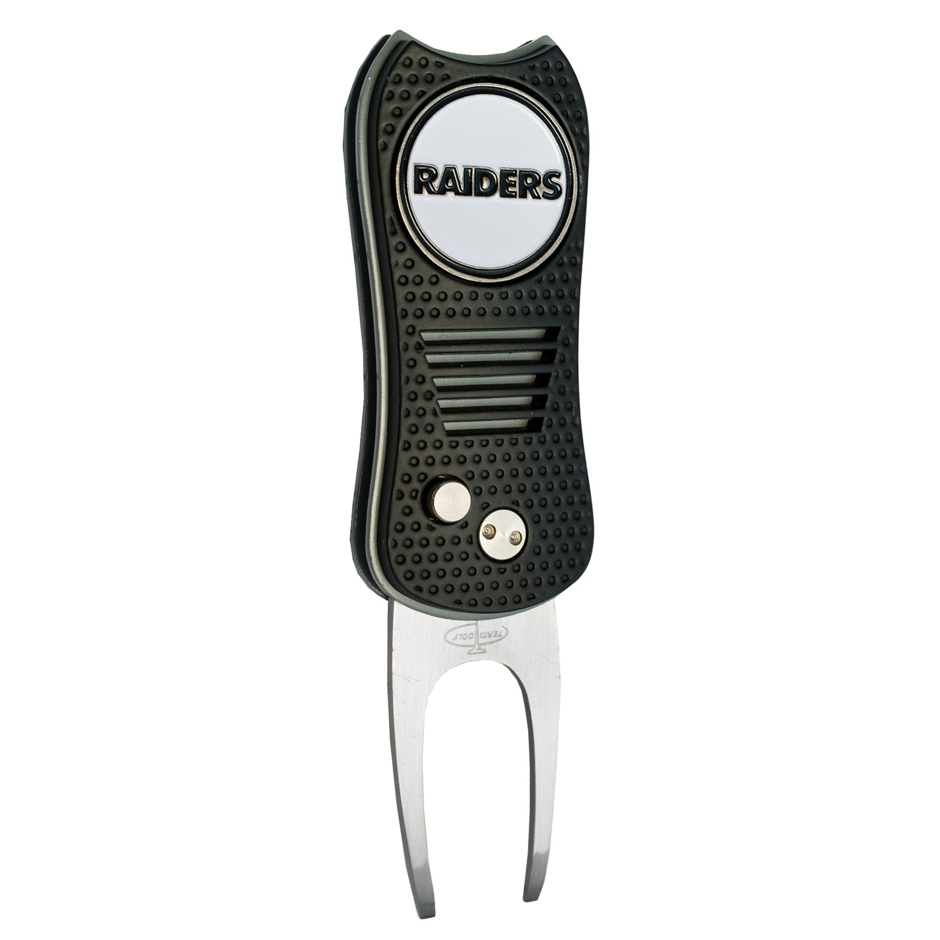 The NFL Switchfix Divot Tool with Ball Marker features a black textured grip, a circular metallic emblem with "RAIDERS" in bold, and includes a convenient magnetic ball marker.